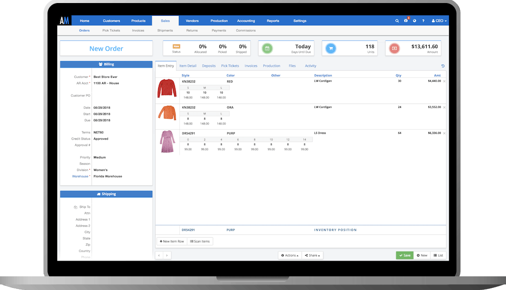 Creating a new sales order in ApparelMagic