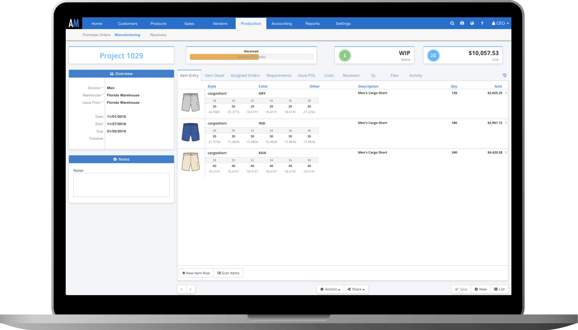 A laptop using ApparelMagic to manage an apparel manufacturing project