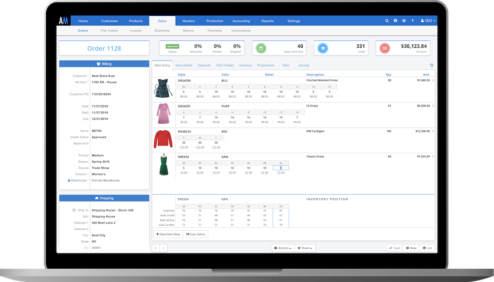 A laptop showing a sales order created in ApparelMagic