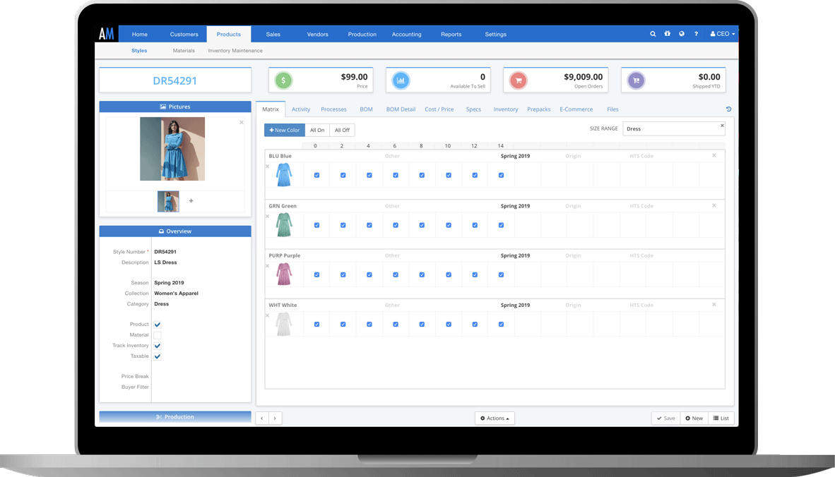 A style record in ApparelMagic's fashion PLM database