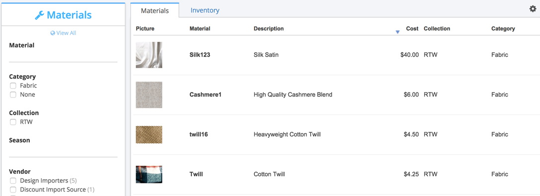 Material records in ApparelMagic's PLM tools