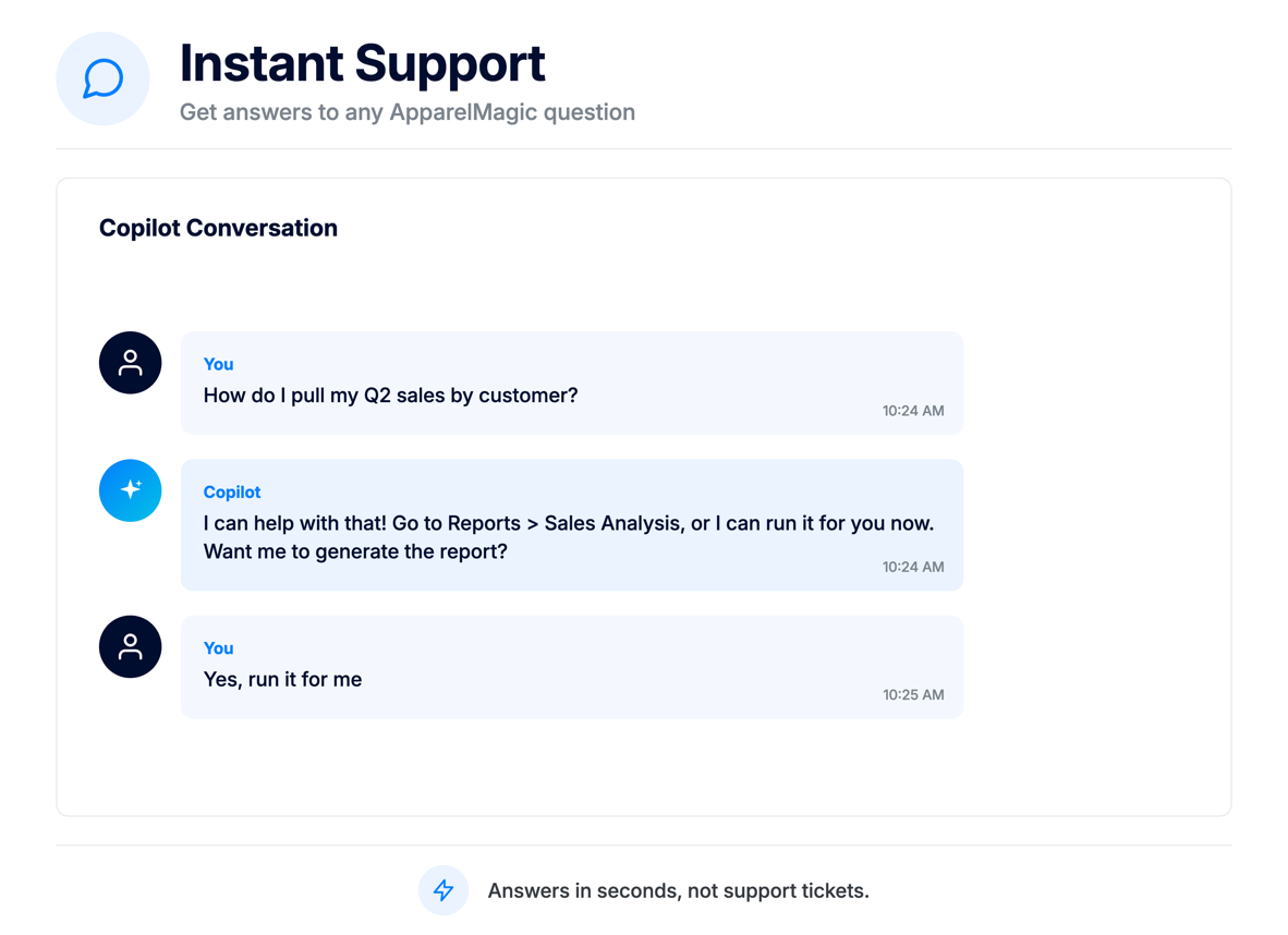 ApparelMagic Copilot instant support capability